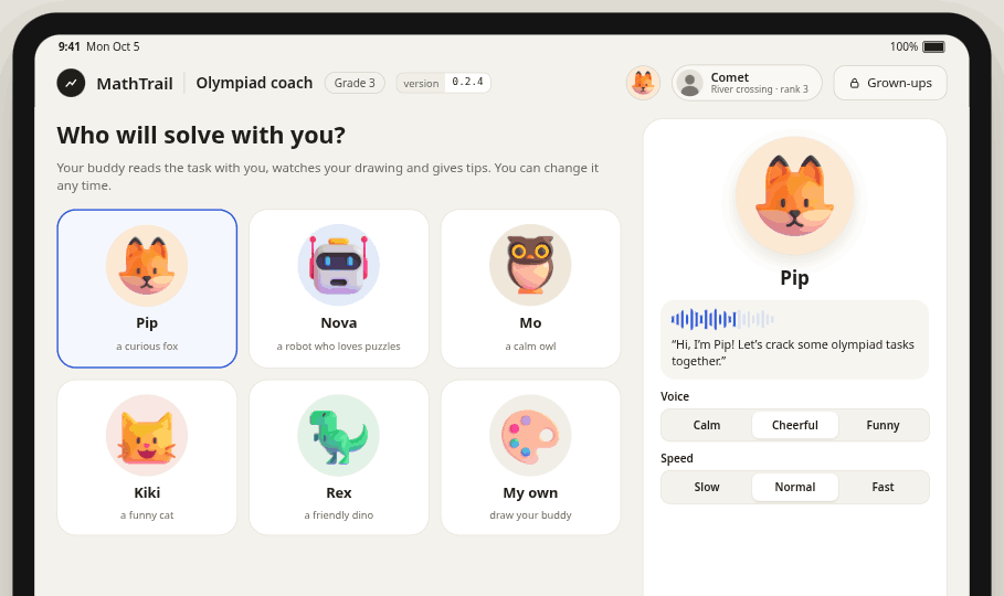 The MathTrail prototype: the child chooses a companion